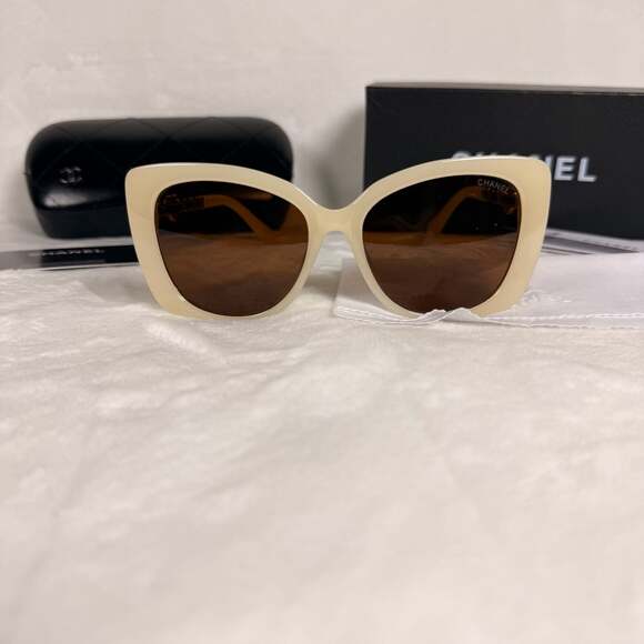 Chanel Cream Butterfly Sunglasses with Heart Chain Detail